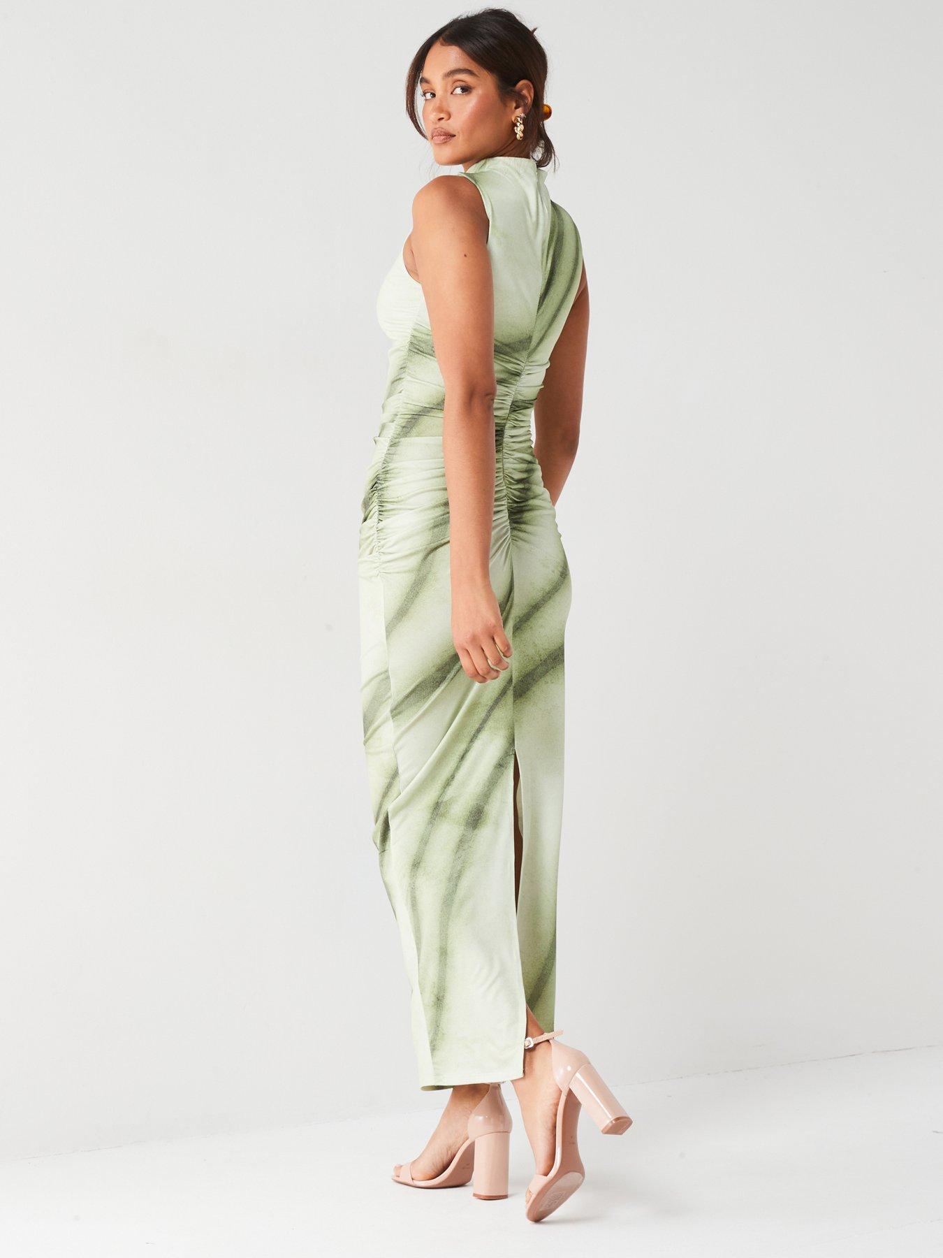 v-by-very-ruched-printed-midaxi-dress-greenstillFront