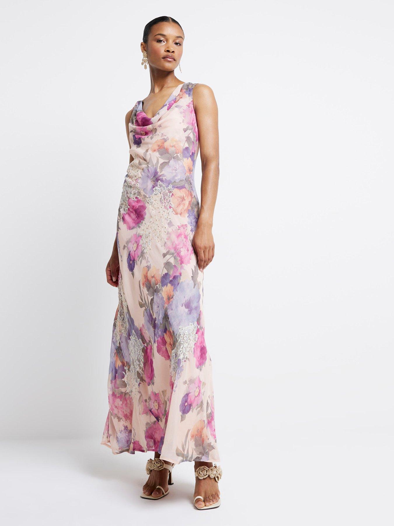 undefined Cowl Neck Maxi Floral Dress - Light Pink