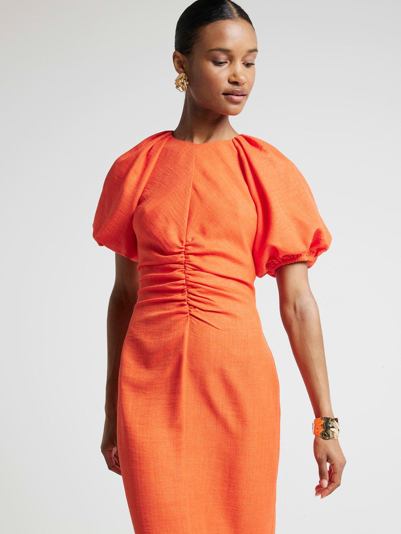 river-island-puff-detail-ruched-midi-dress-coral