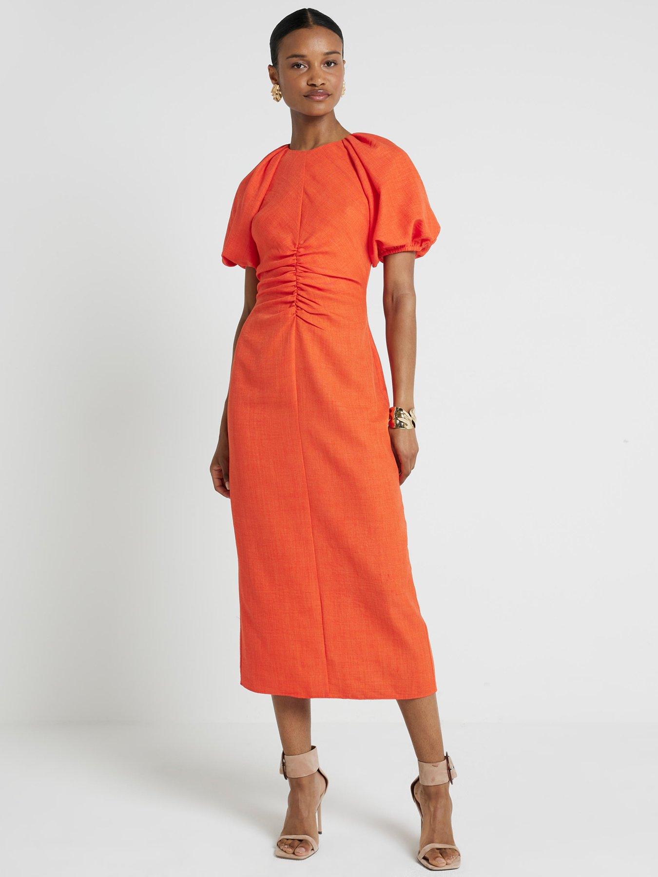 river-island-puff-detail-ruched-midi-dress-coralback