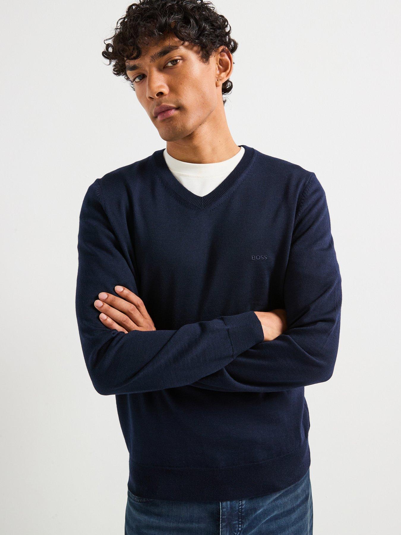 Image of BOSS Baram-L Regular Fit V Neck Knitted Jumper - Navy