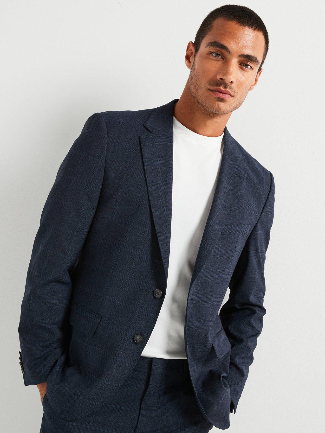 undefined Boss H-jasper Regular Fit Check Wool Stretch Suit Jacket - Dark Blue