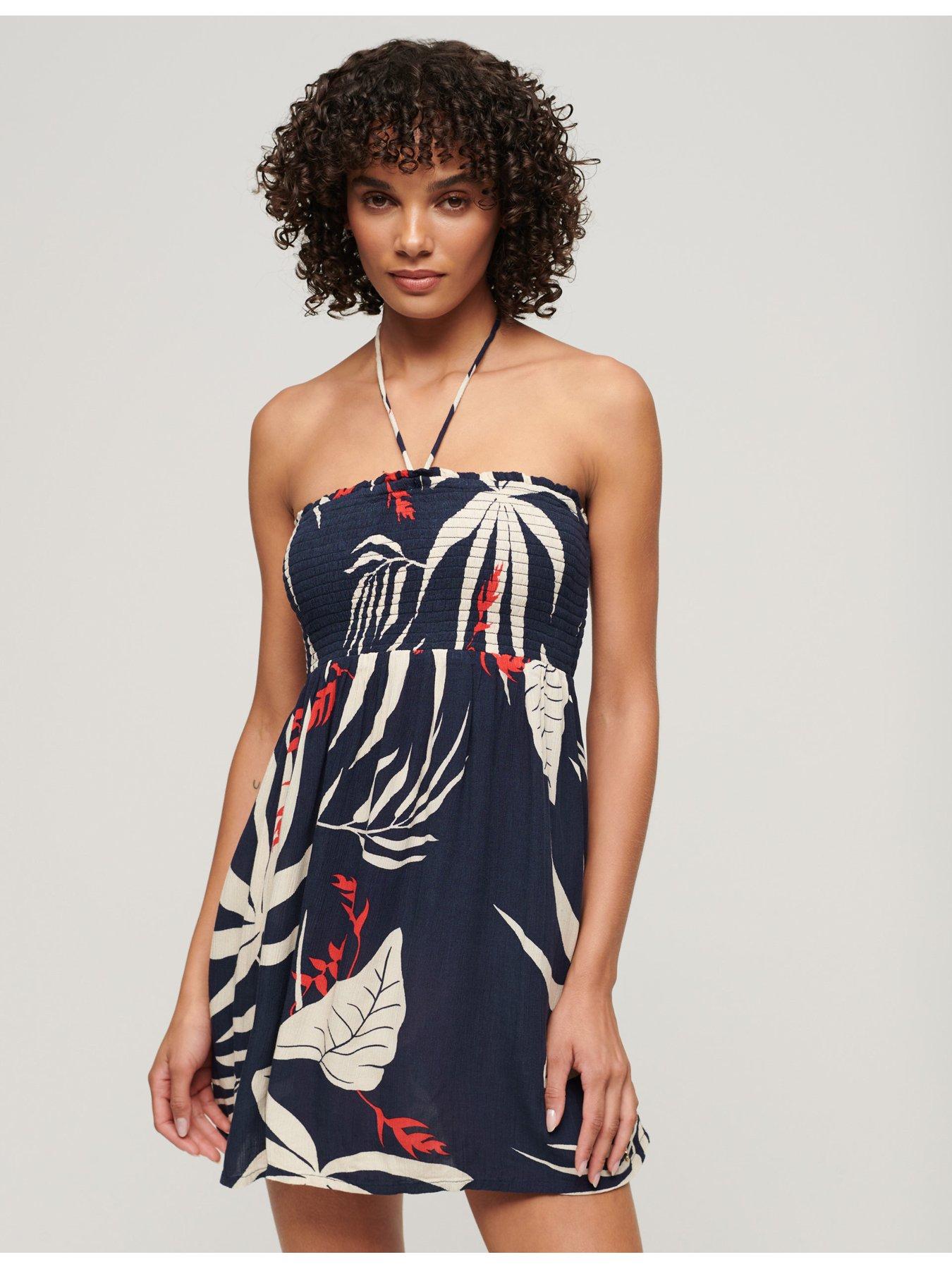 superdry-palm-print-shirred-bandeau-mini-dress-navy