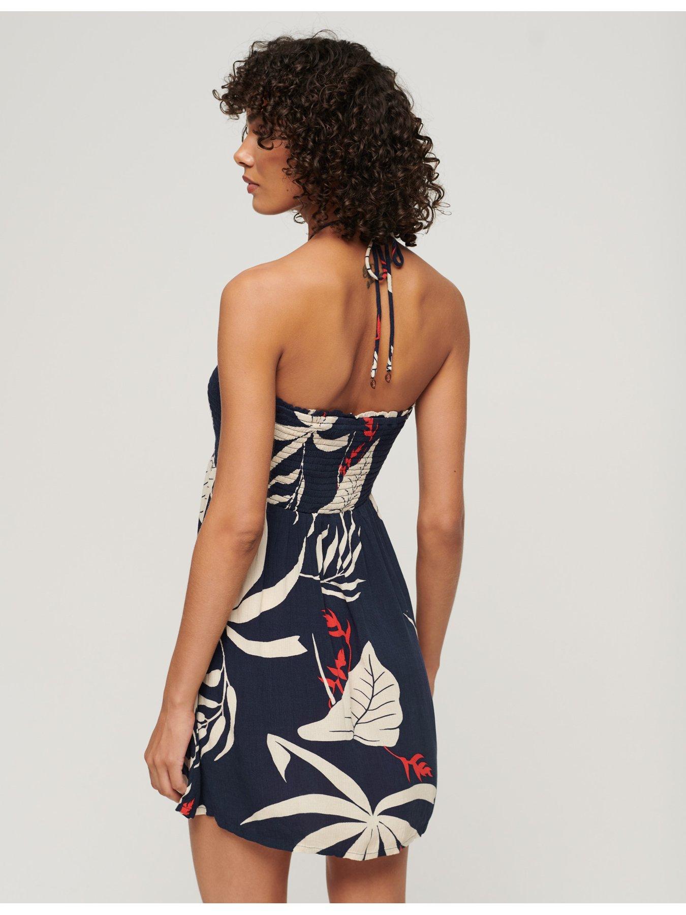 superdry-palm-print-shirred-bandeau-mini-dress-navystillFront