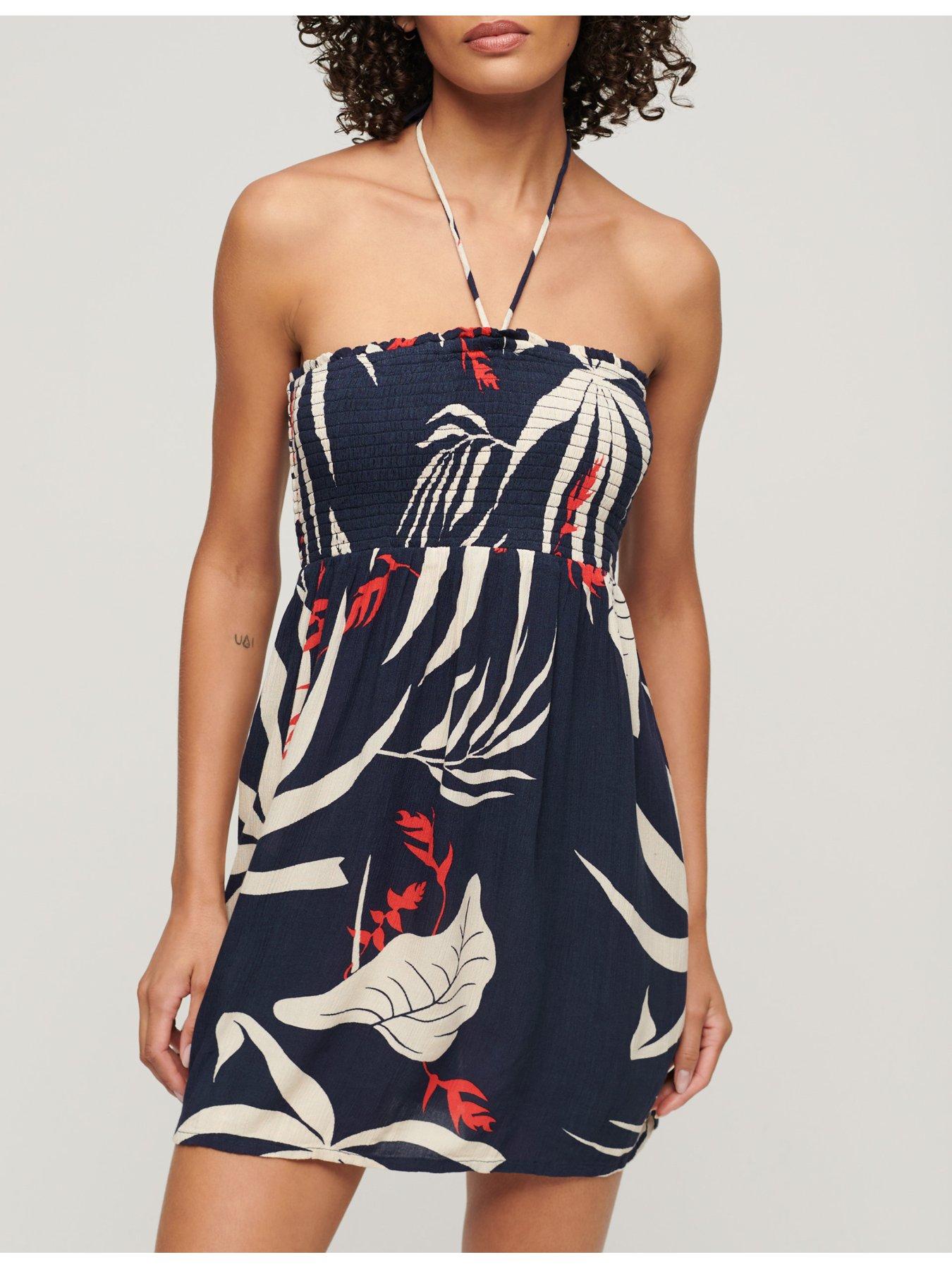 superdry-palm-print-shirred-bandeau-mini-dress-navyoutfit