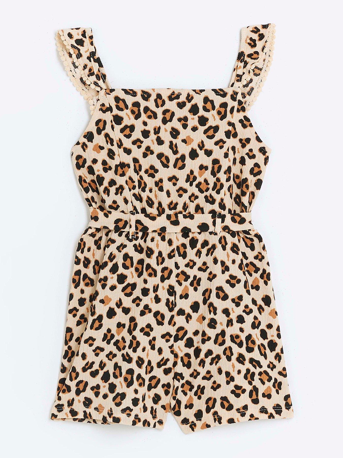 Girls Seersucker Leopard Print Playsuit Brown