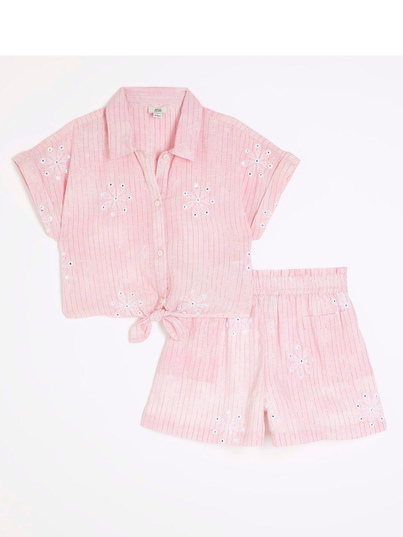 river-island-girls-metallic-tie-up-shirt-and-shorts-pink