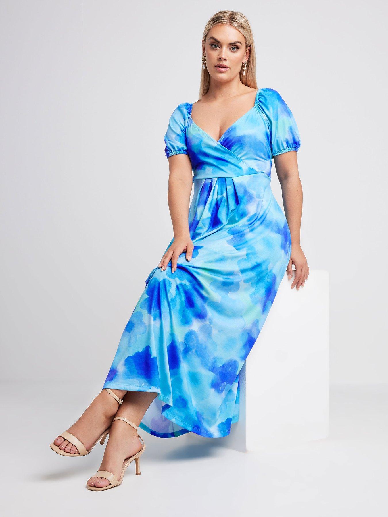 yours-curve-wrap-over-milkmaid-midaxi-dress-bluefront