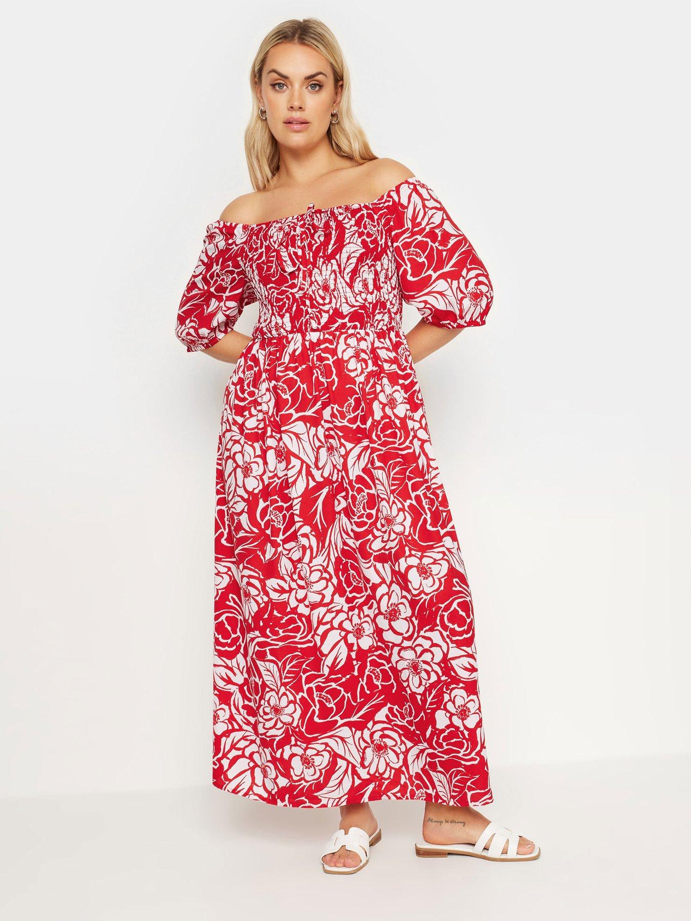 Image 1 of 4 of Yours Curve Shirred Square Neck Maxi Dress - Red