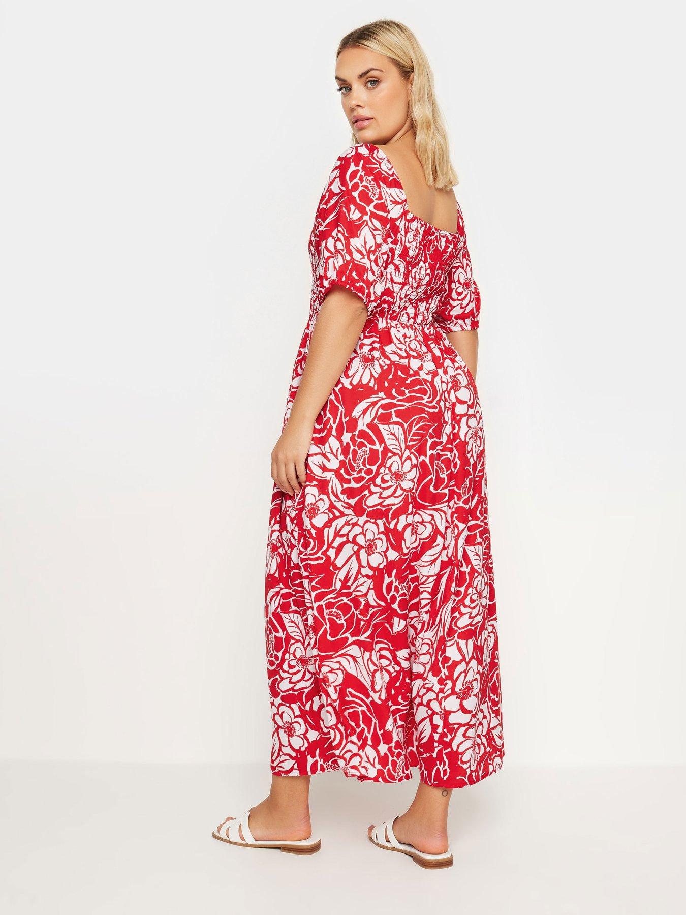 Image 2 of 4 of Yours Curve Shirred Square Neck Maxi Dress - Red