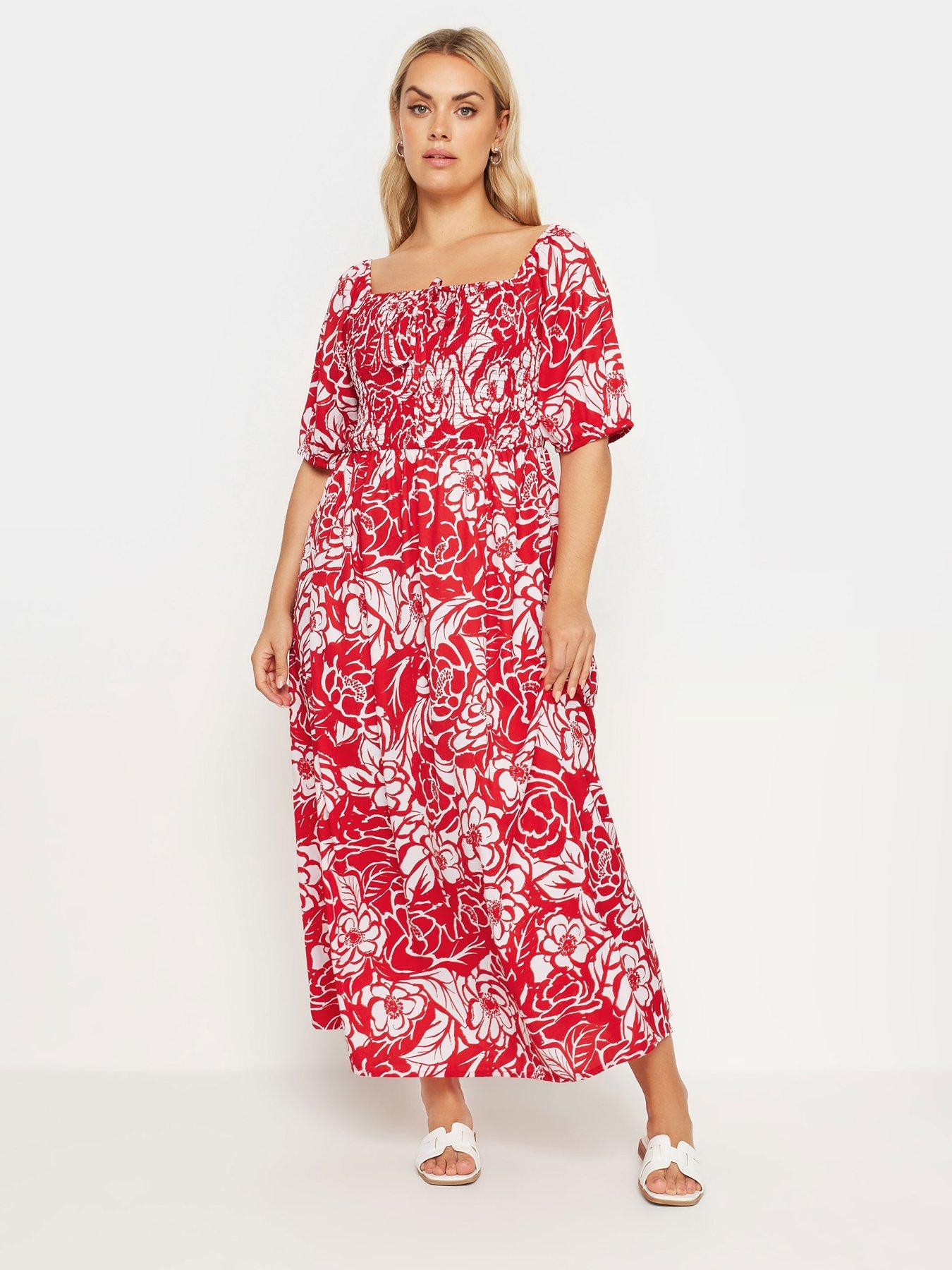 Image 3 of 4 of Yours Curve Shirred Square Neck Maxi Dress - Red