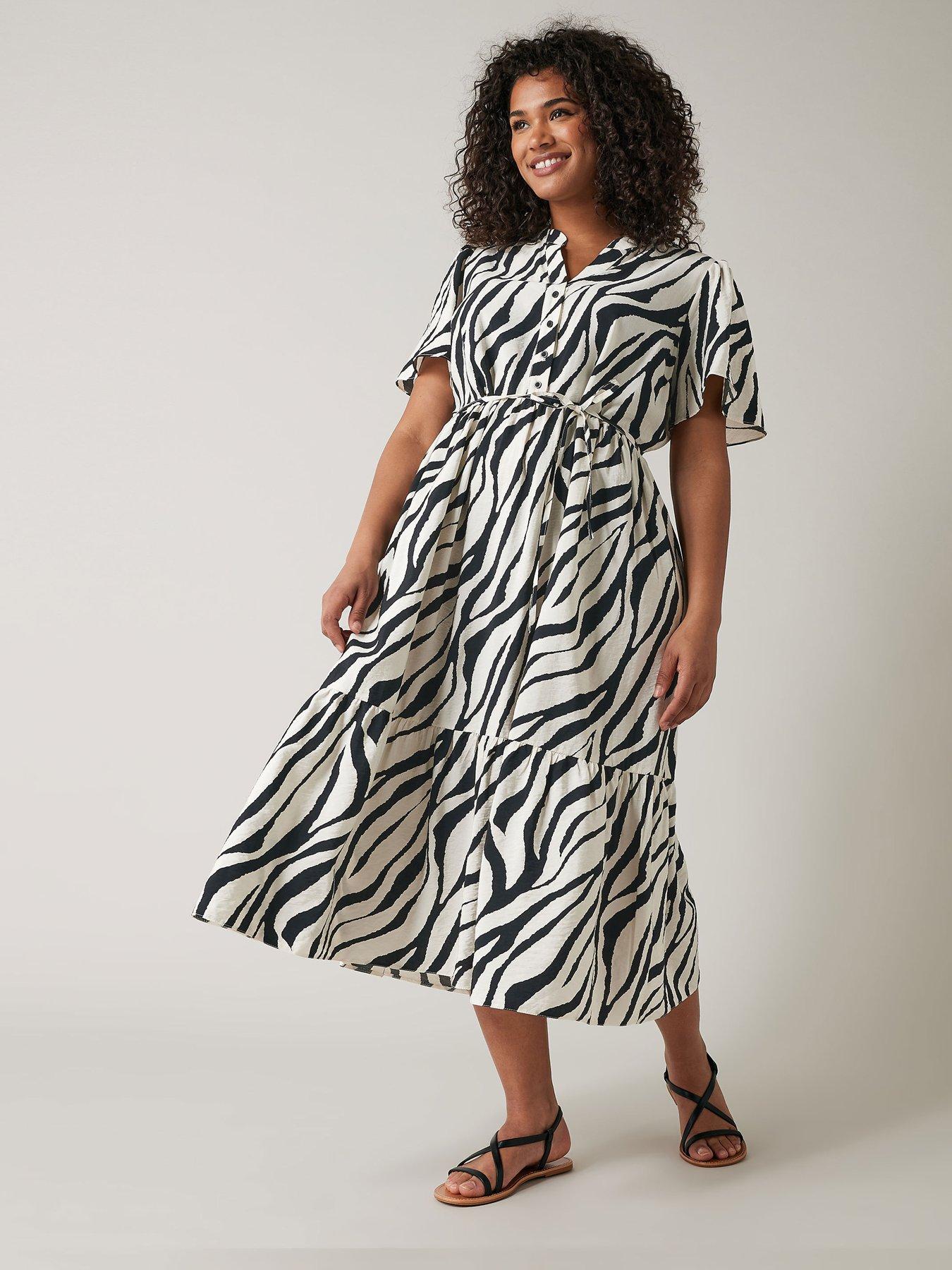 evans-angel-sleeve-animal-print-half-placket-dress-whitefront