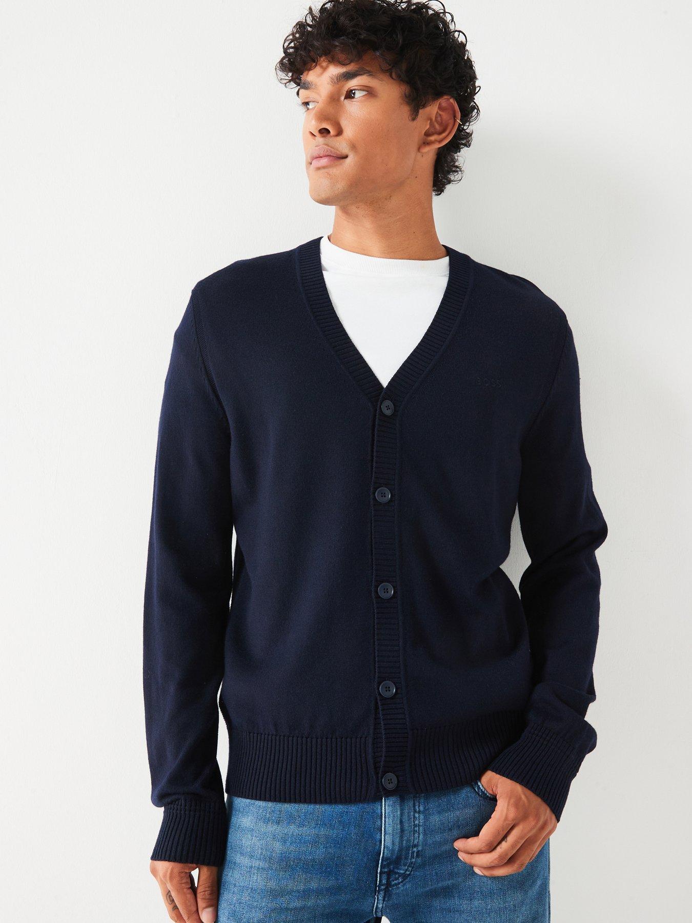 Image 1 of 5 of BOSS Avac CD Regular Fit Logo Knitted Cardigan - Navy