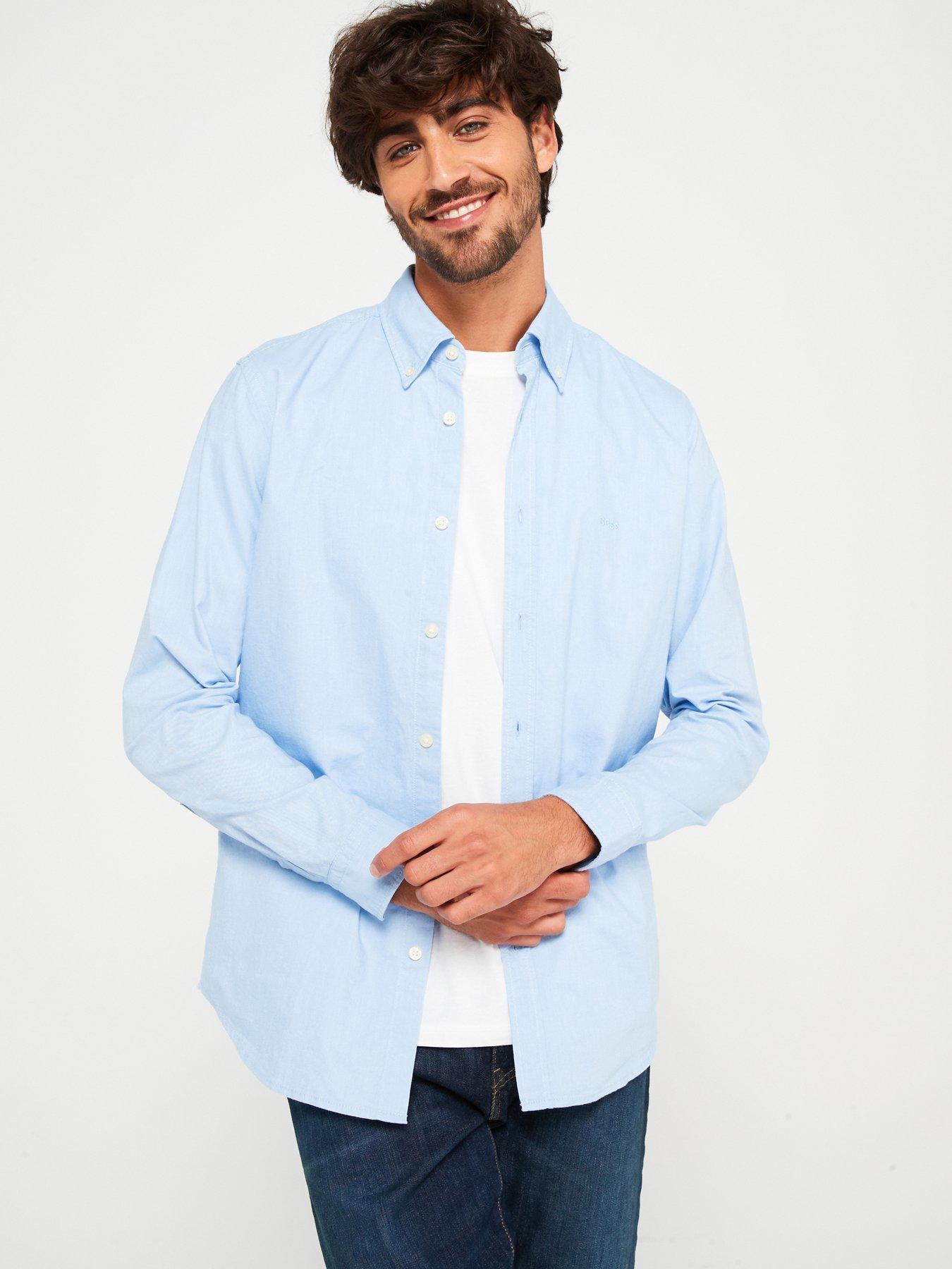 Image 1 of 5 of BOSS Mens Rickert Regular Fit Button-Down Cotton Oxford Shirt - Open Blue