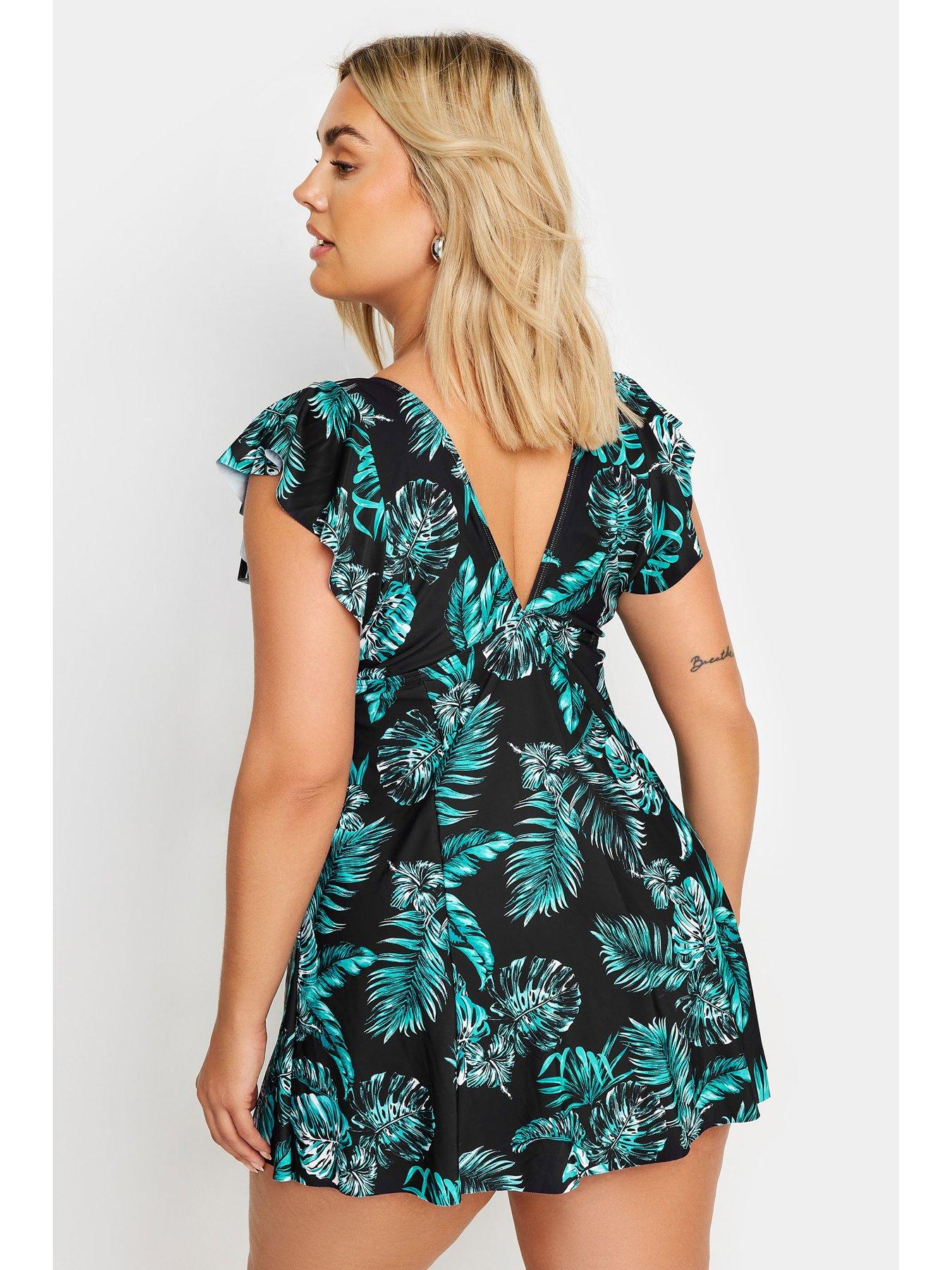 yours-curve-jungle-leaf-angel-sleeve-printed-swimdress-greenstillFront