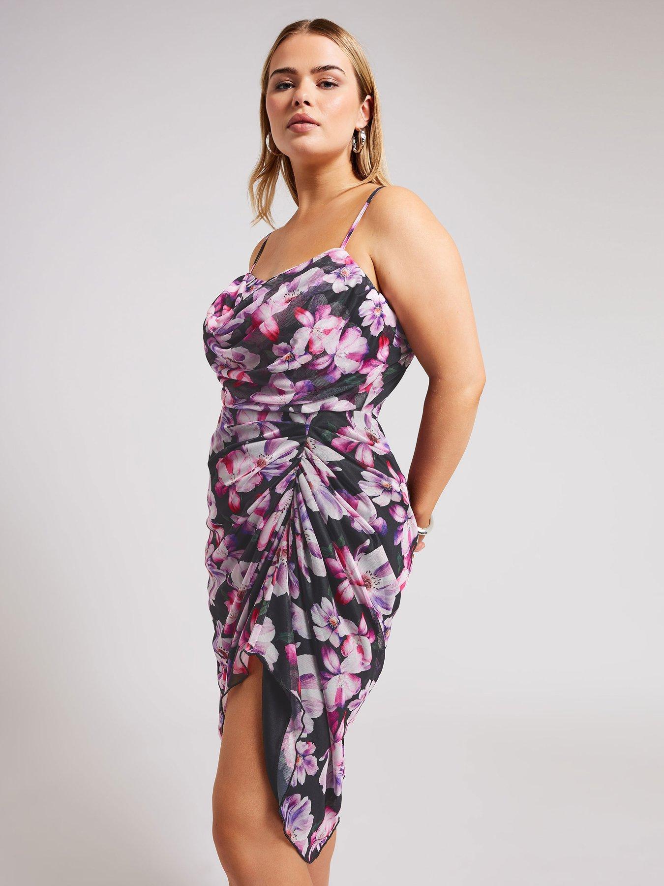 Curve Floral Mesh Gathered Tulip Dress