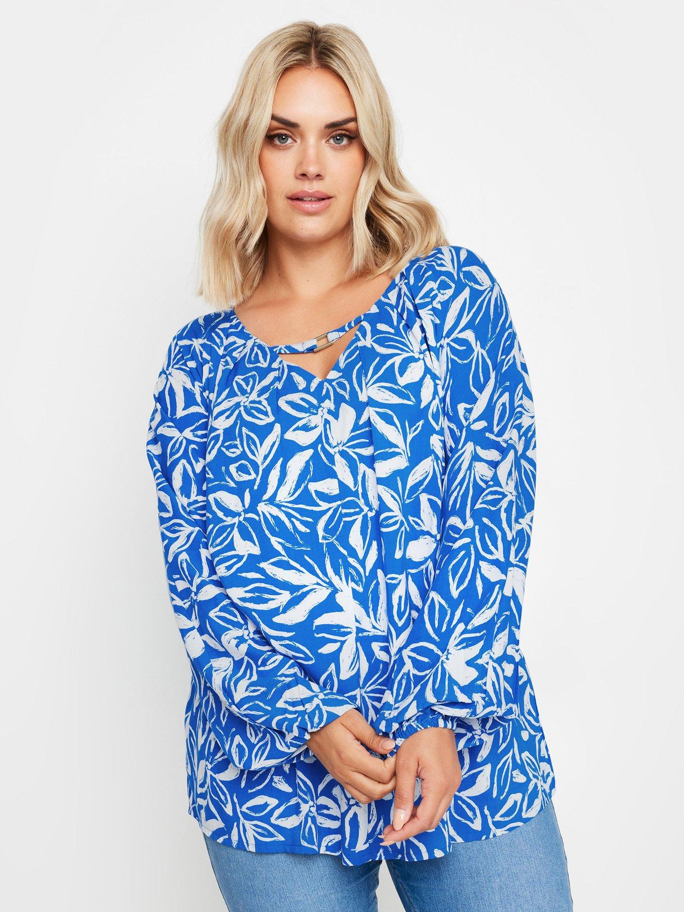 yours-curve-floral-balloon-long-sleeve-trim-top-blue