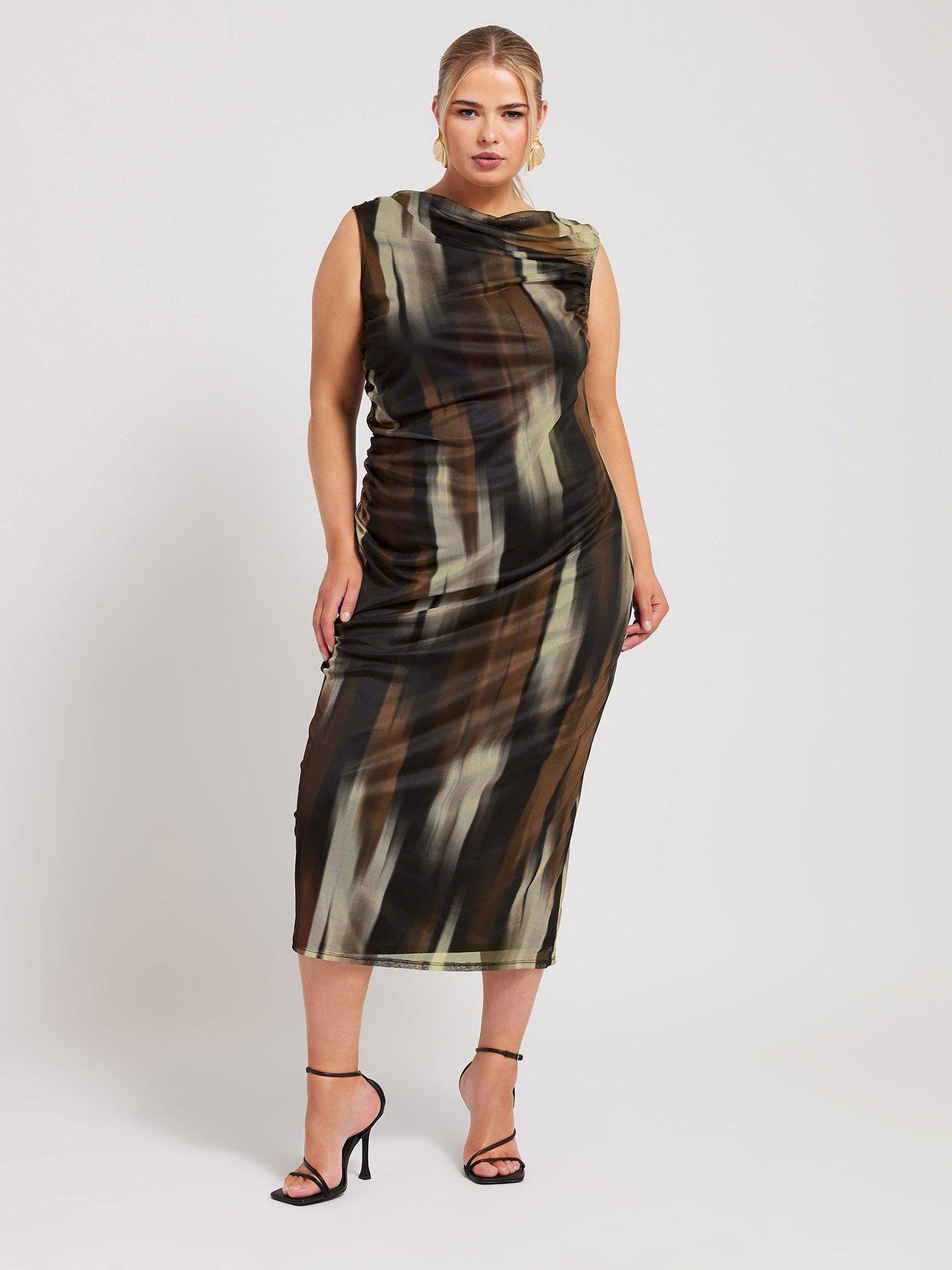 yours-curve-slash-neck-abstract-mesh-dress-brown