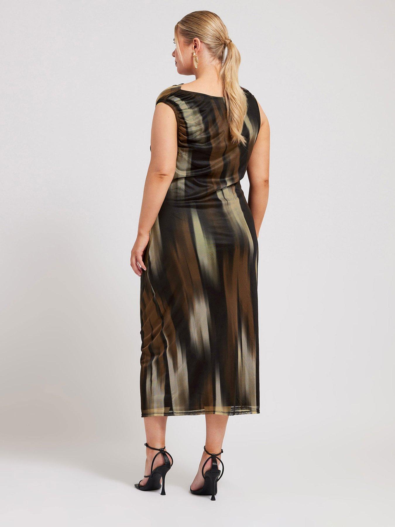 yours-curve-slash-neck-abstract-mesh-dress-brownstillFront