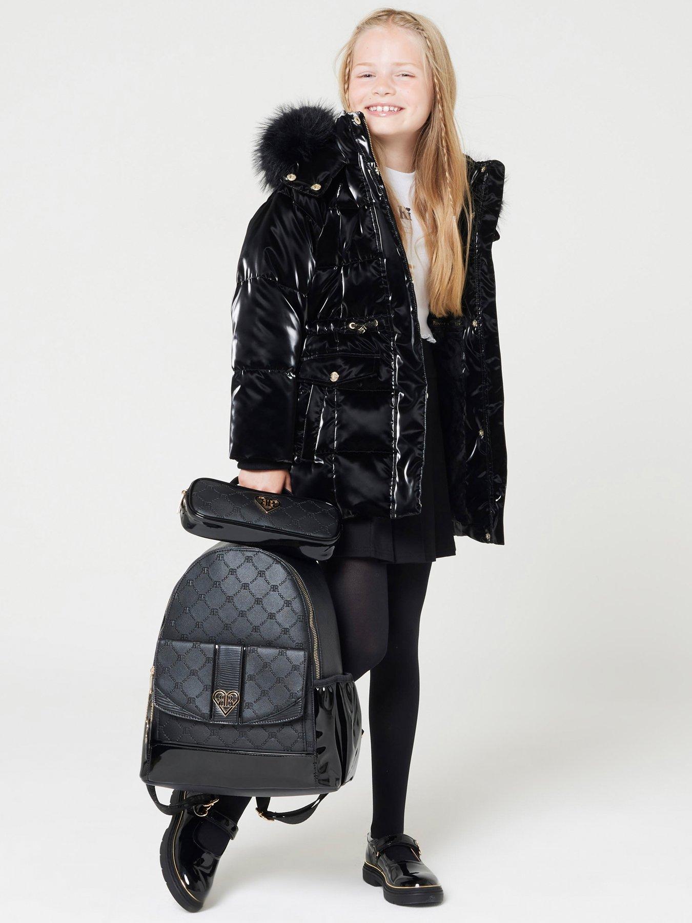 river-island-older-girl-padded-high-shine-coat-blackfront