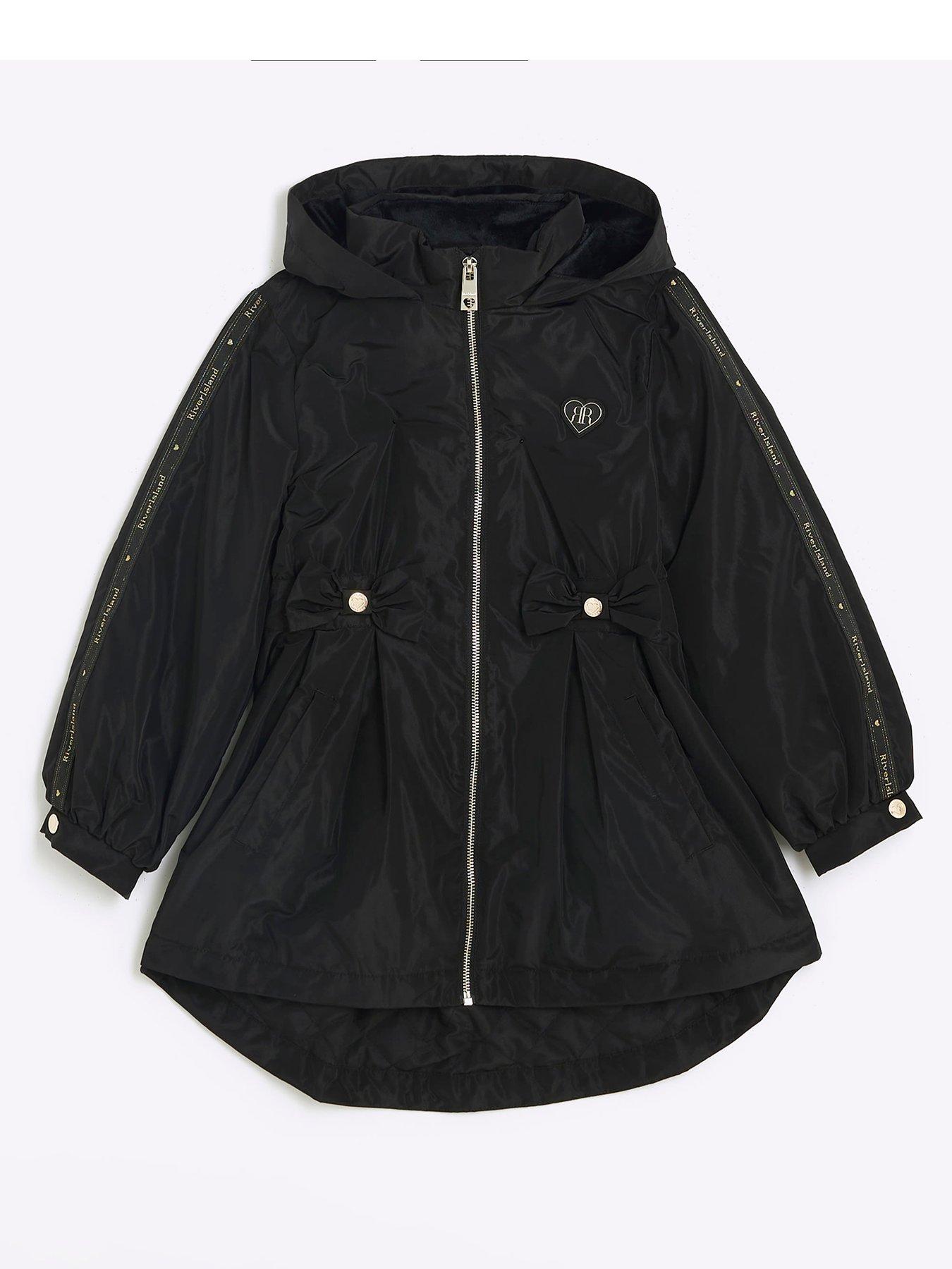 river-island-older-girl-elasticated-hooded-rain-coat-blackfront