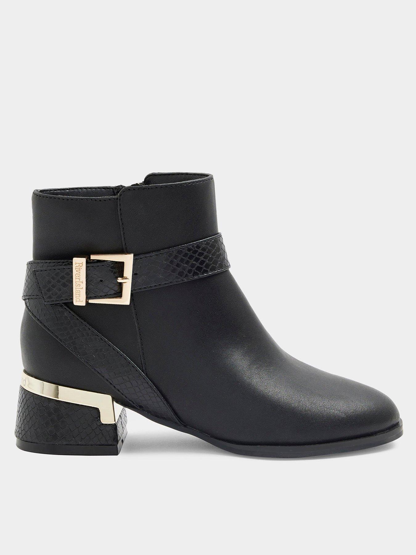 Image 1 of 5 of River Island Older Girl Buckle Detail Heeled Boots - Black