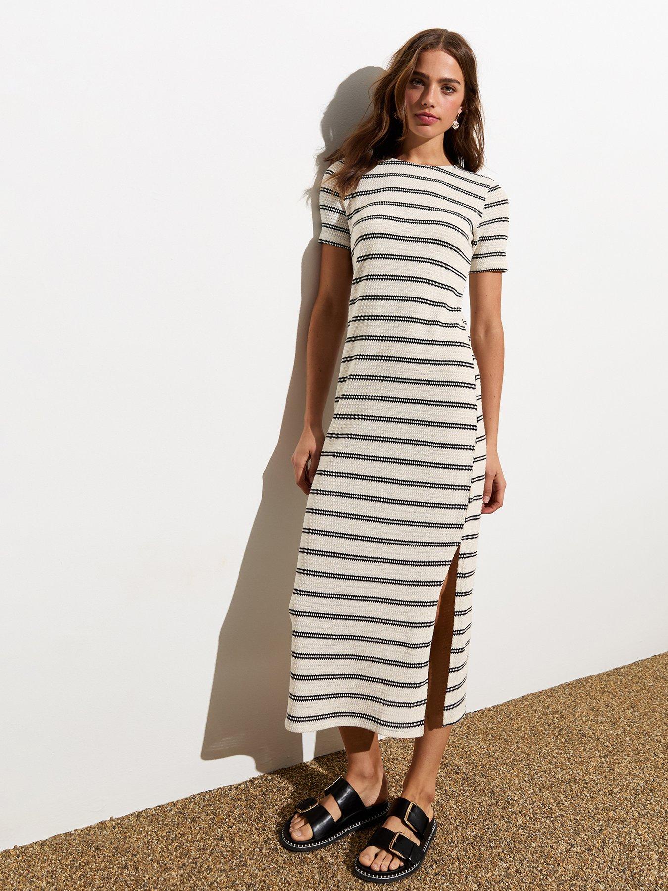 new-look-white-stripe-short-sleeve-split-hem-midi-dress