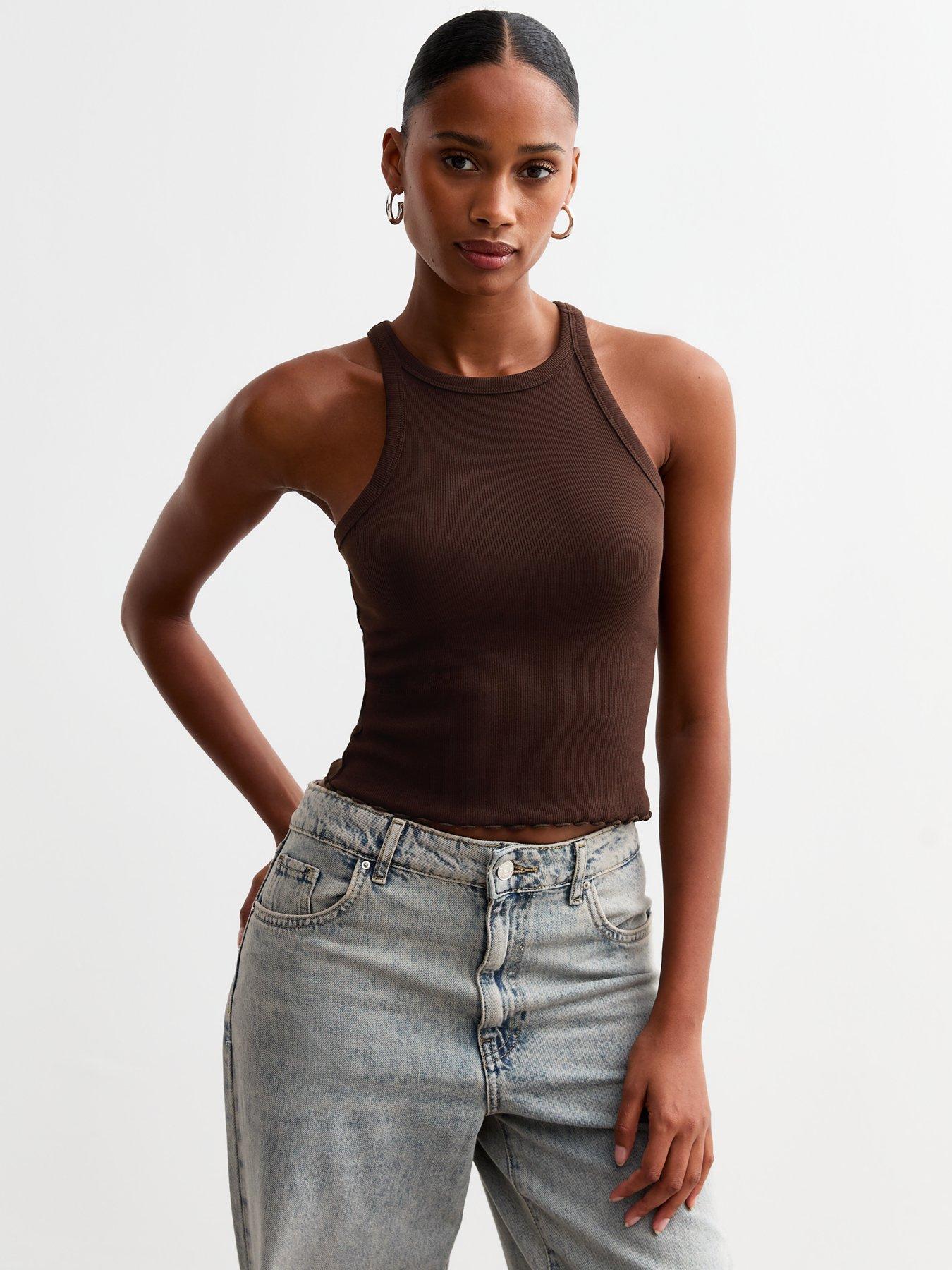 new-look-brown-frill-hem-crop-racer-vest