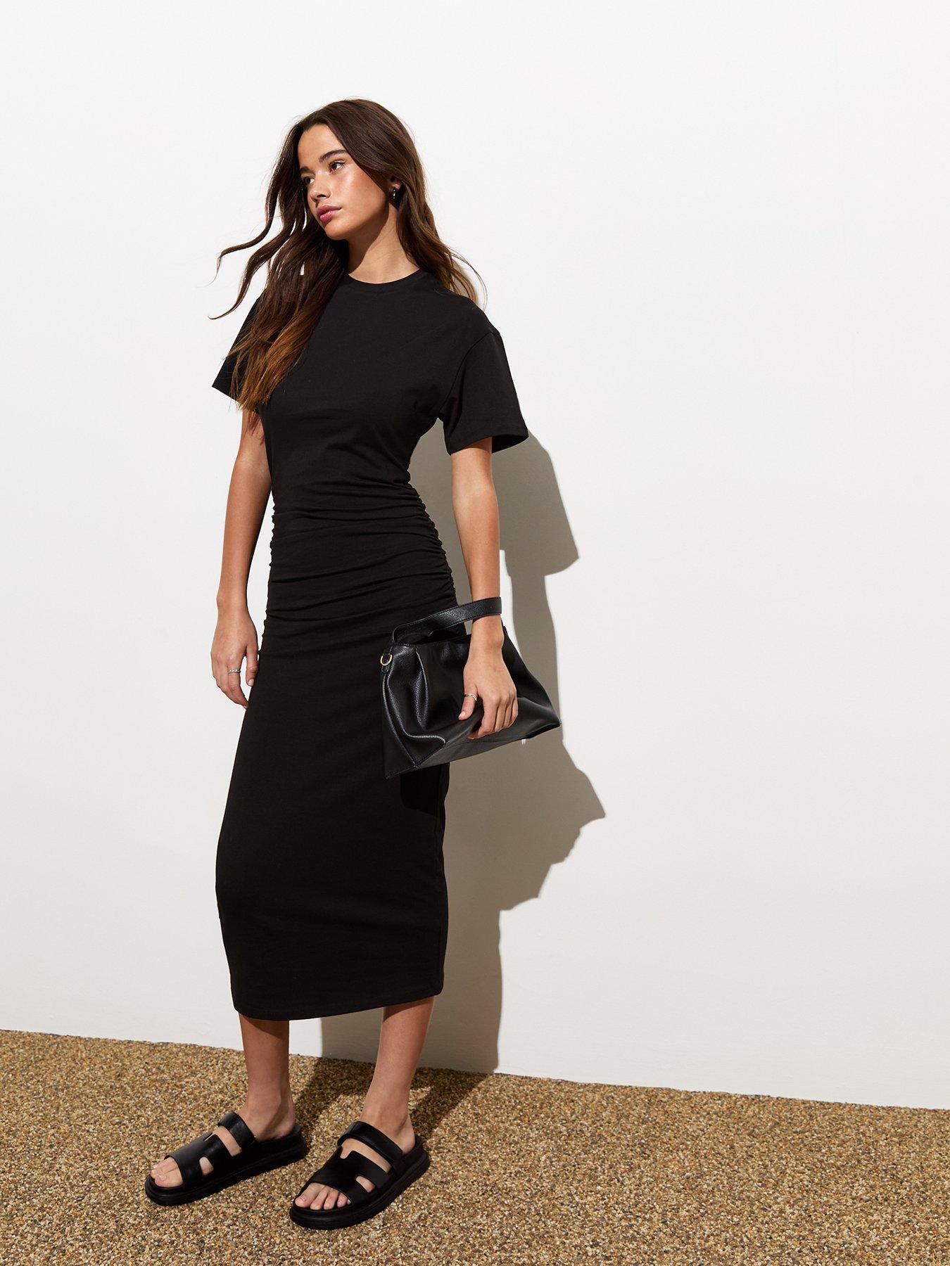 new-look-black-short-sleeve-ruched-side-midi-dressback