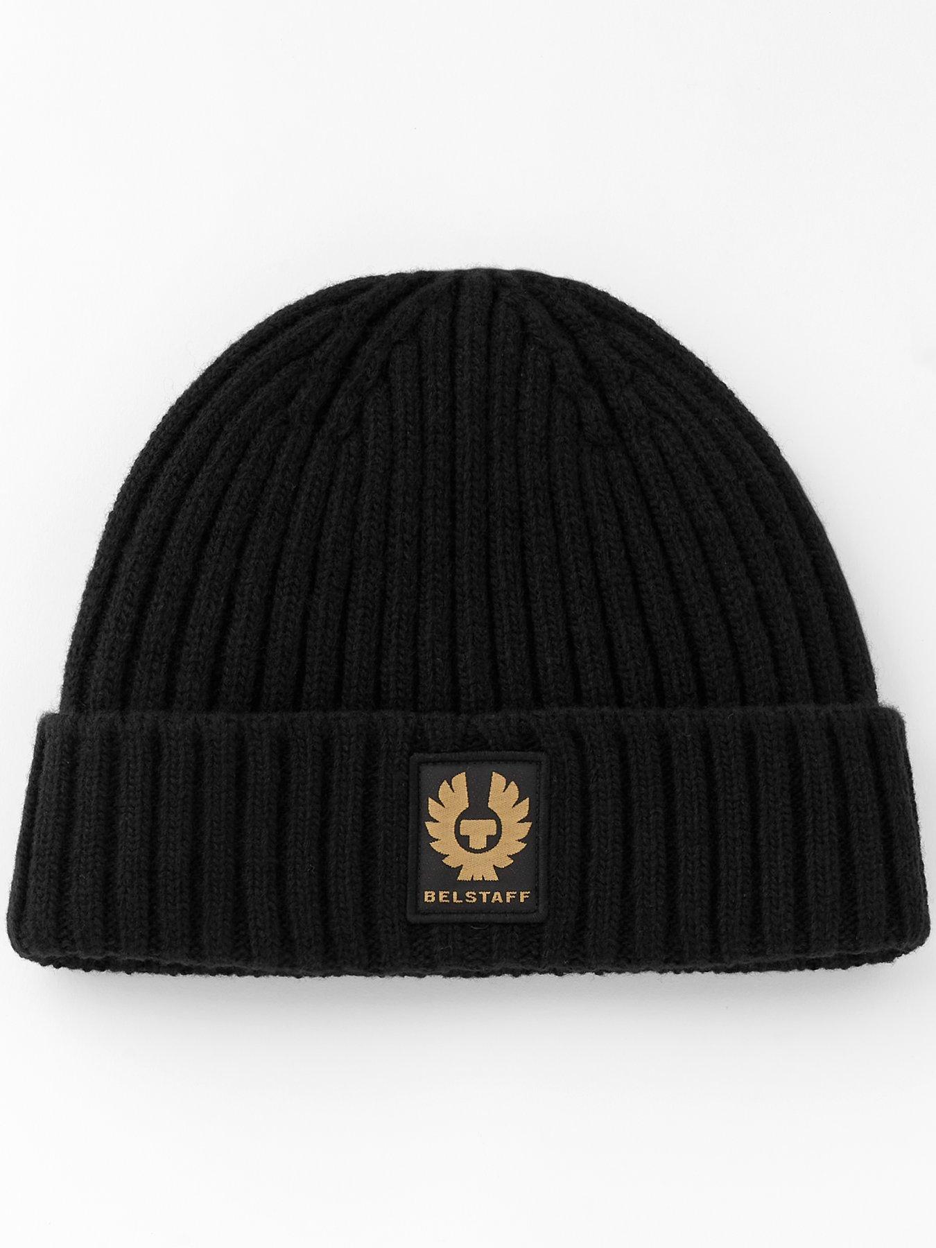 Image 1 of 3 of Belstaff Watch Logo Patch Ribbed Beanie Hat - Black