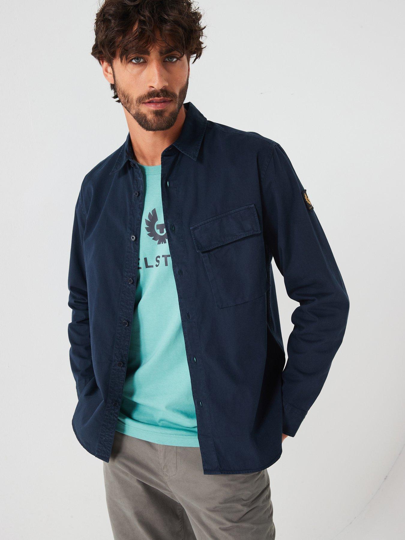 Belstaff Logo Patch Sleeve Garment Dyed Cotton Shirt - Navy