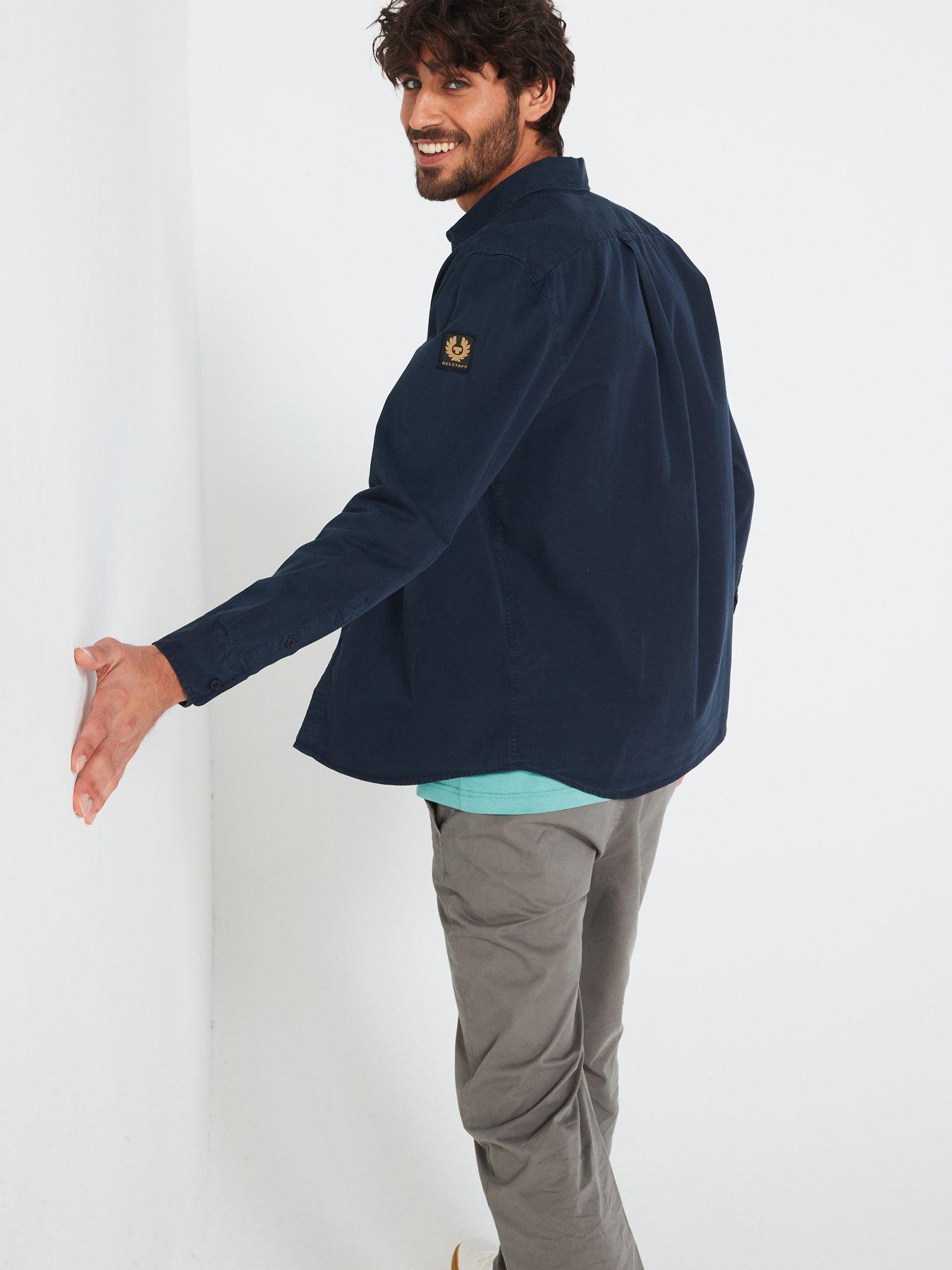 Image 4 of 6 of Belstaff Logo Patch Sleeve Garment Dyed Cotton Shirt - Navy