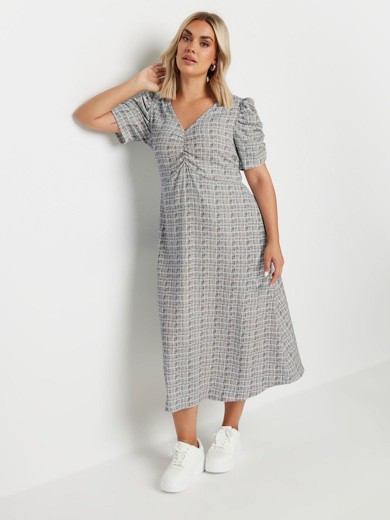 yours-curve-textured-check-milkmaid-dress-grey