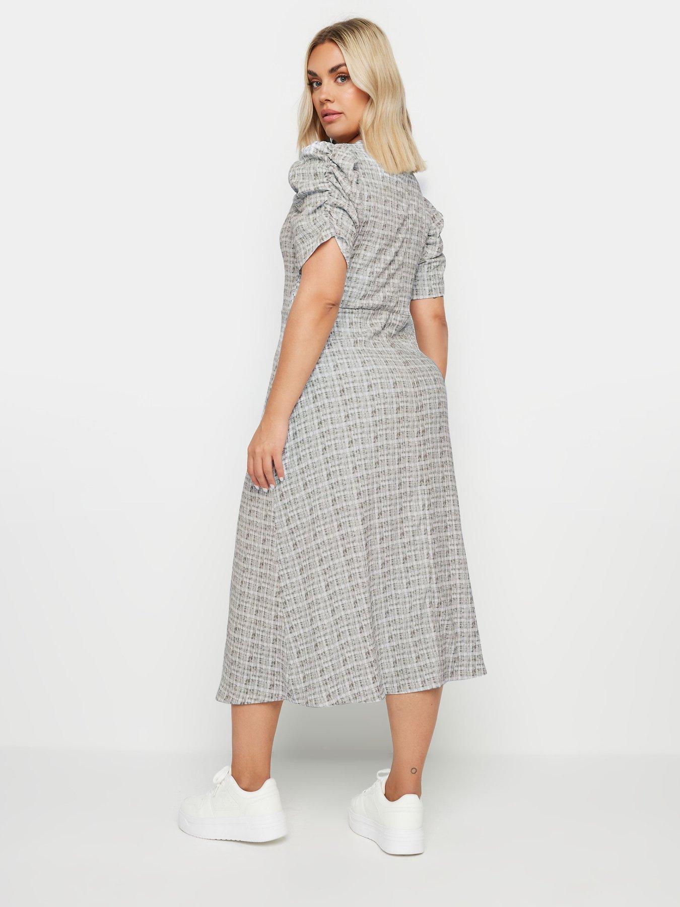 yours-curve-textured-check-milkmaid-dress-greystillFront