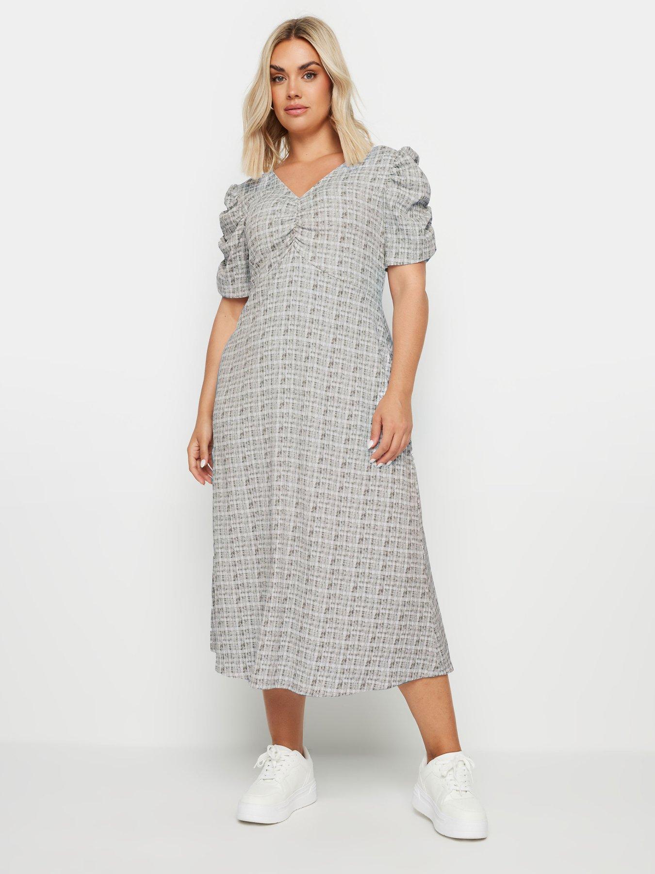 yours-curve-textured-check-milkmaid-dress-greyback