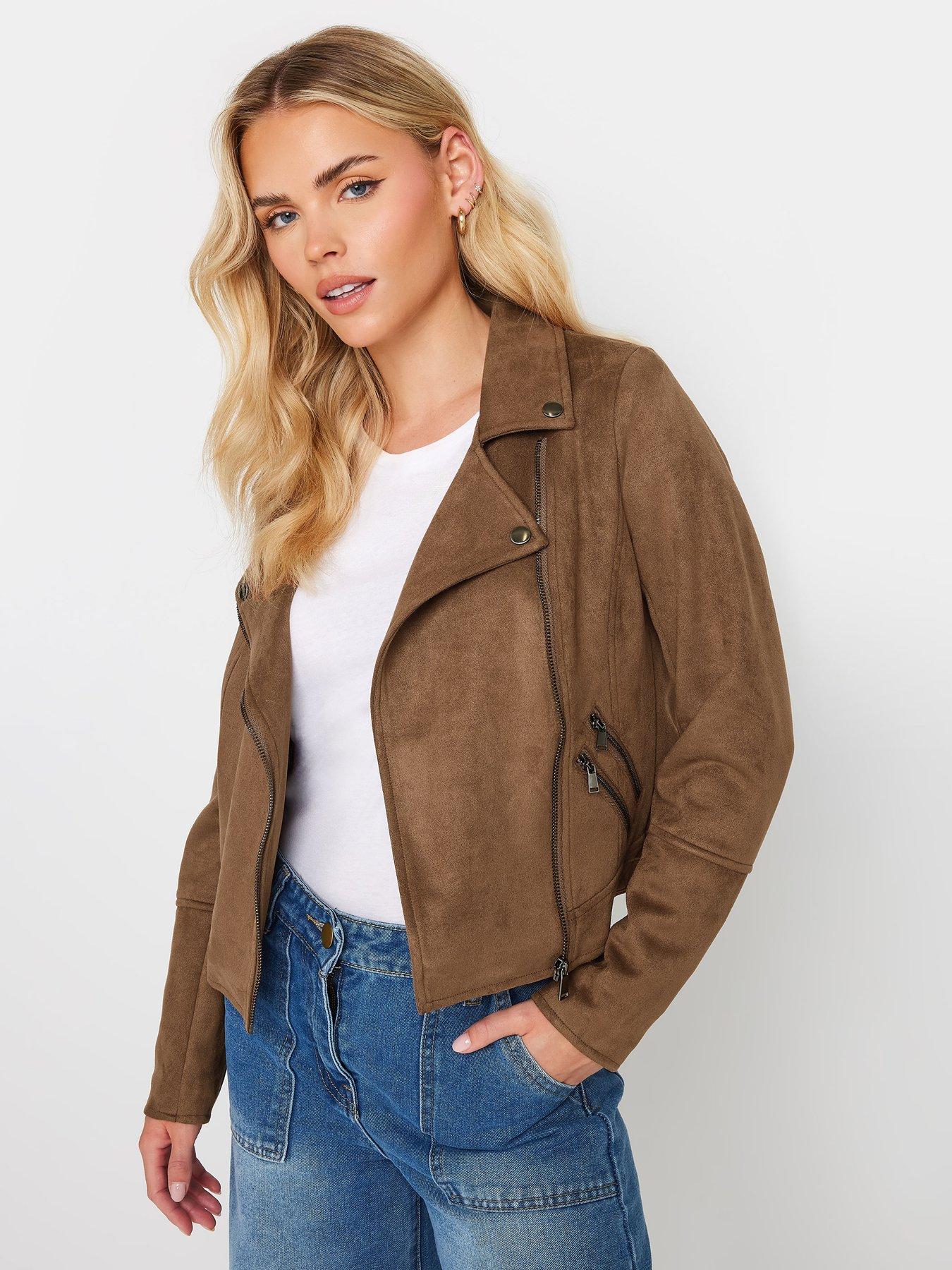 Image 1 of 4 of PixieGirl Petite Suedette Biker Jacket - Brown