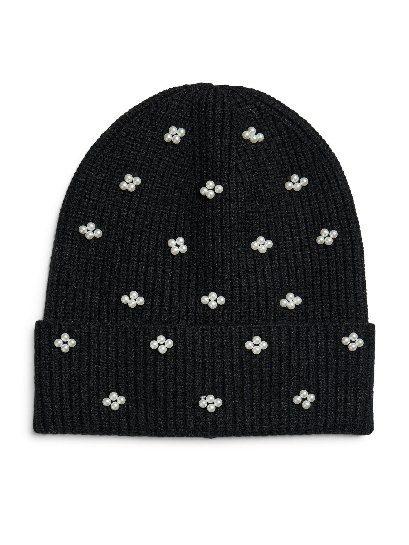 pieces-pearl-embellished-beanie-black