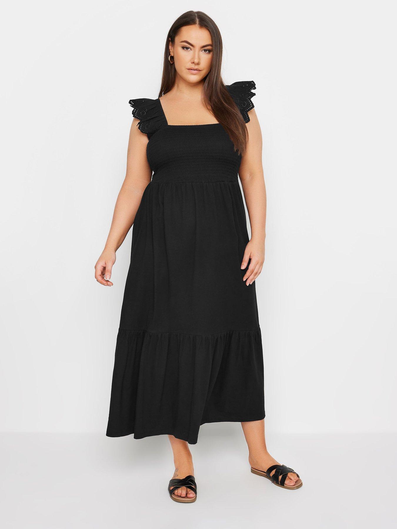 yours-curve-shirred-anglaise-frill-tiered-midaxi-dress-black