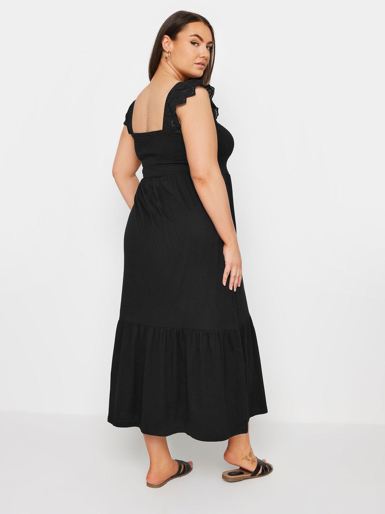 yours-curve-shirred-anglaise-frill-tiered-midaxi-dress-blackstillFront