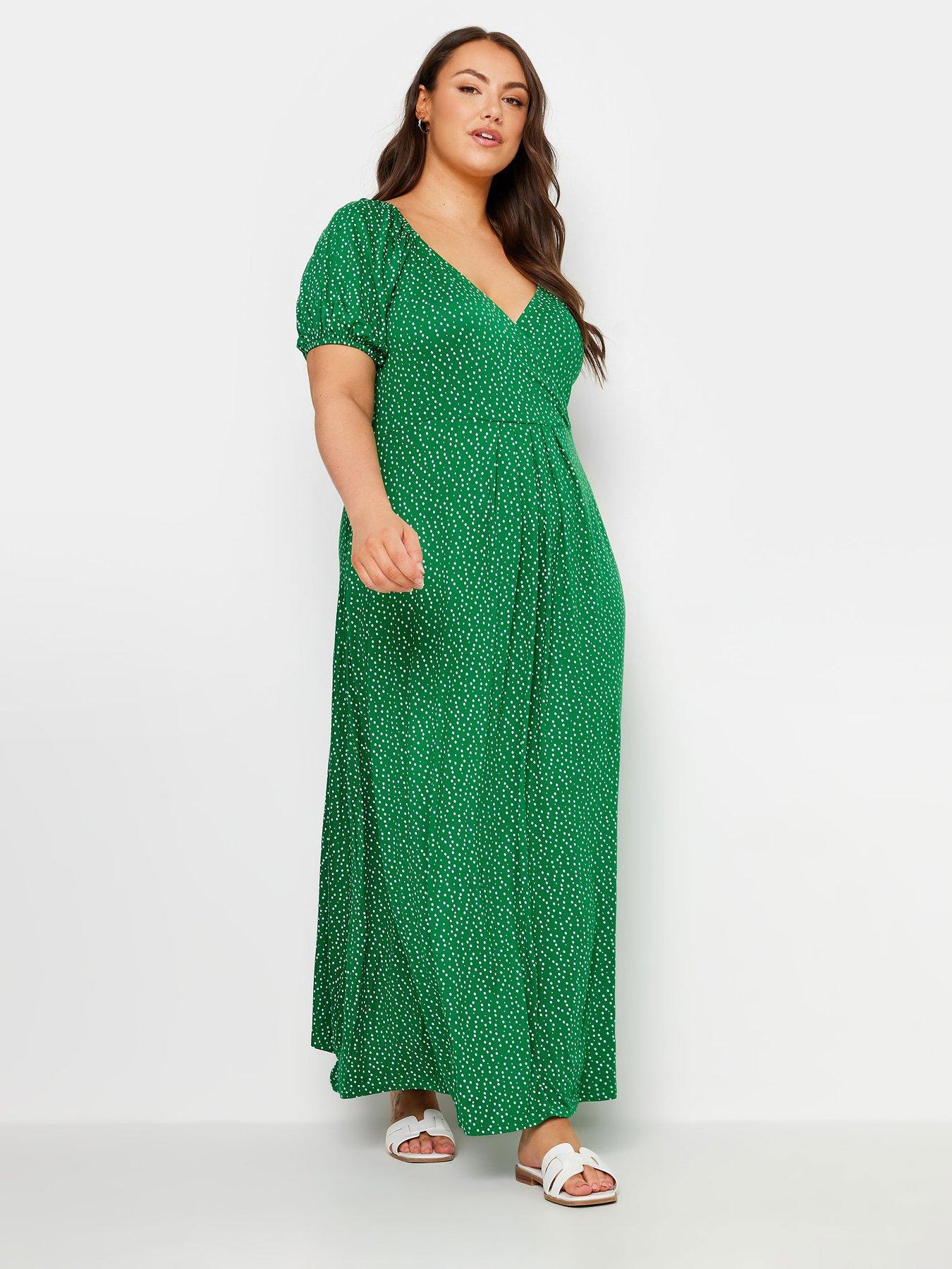 yours-curve-tiered-polka-dot-smock-maxi-dress-green