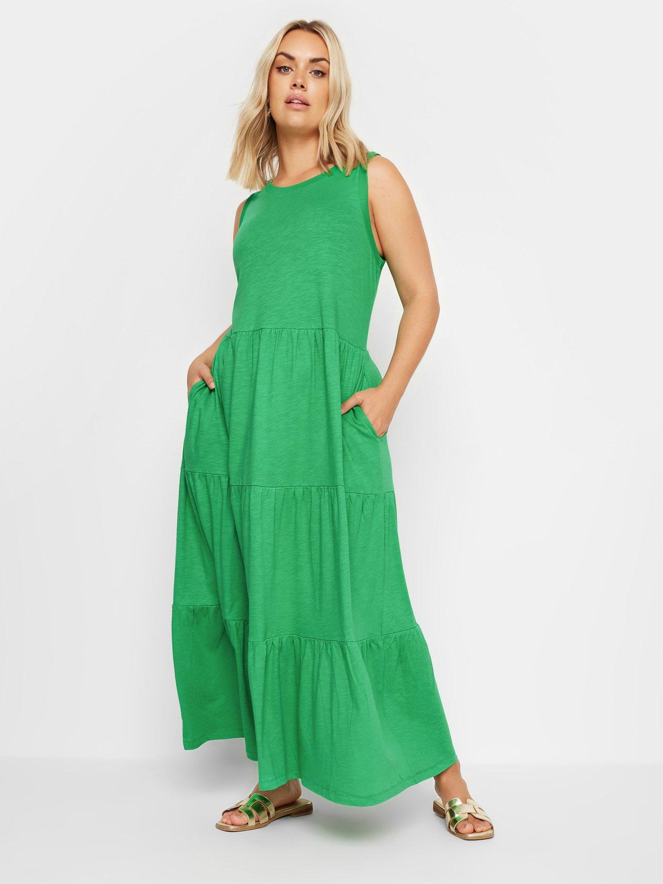 yours-curve-sleeveless-ribbed-trim-tiered-midaxi-dress-green