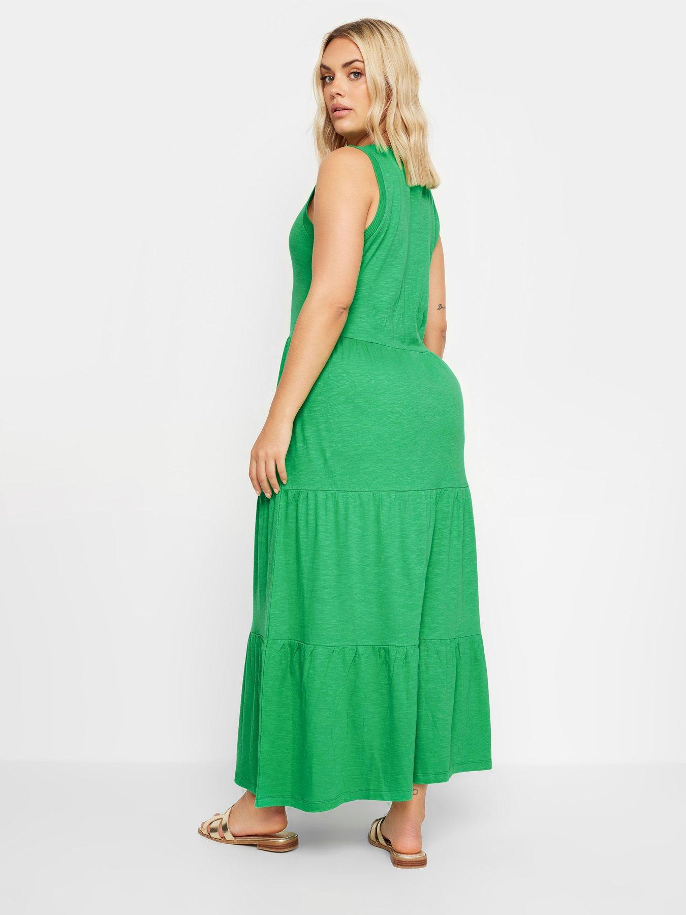 yours-curve-sleeveless-ribbed-trim-tiered-midaxi-dress-greenstillFront