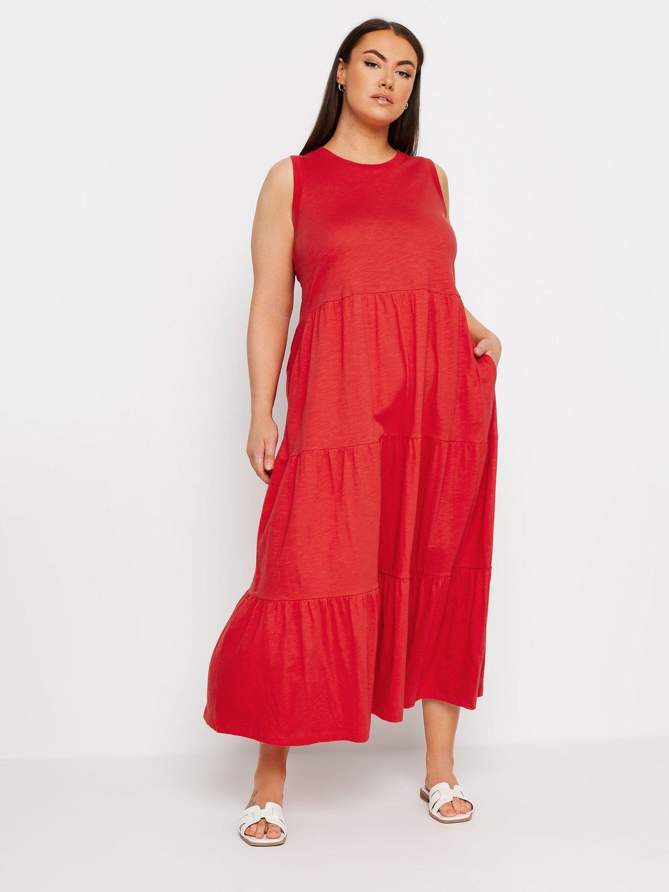 yours-curve-sleeveless-ribbed-trim-tiered-midaxi-dress-redfront