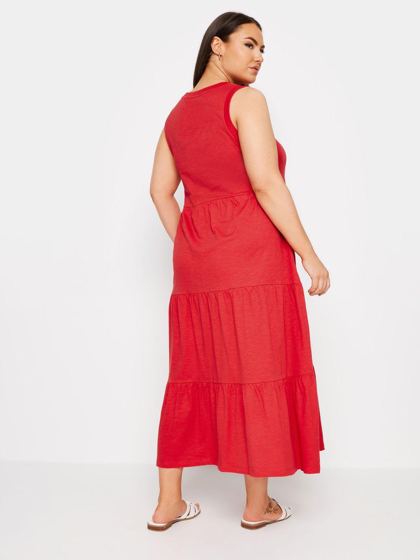 yours-curve-sleeveless-ribbed-trim-tiered-midaxi-dress-redstillFront