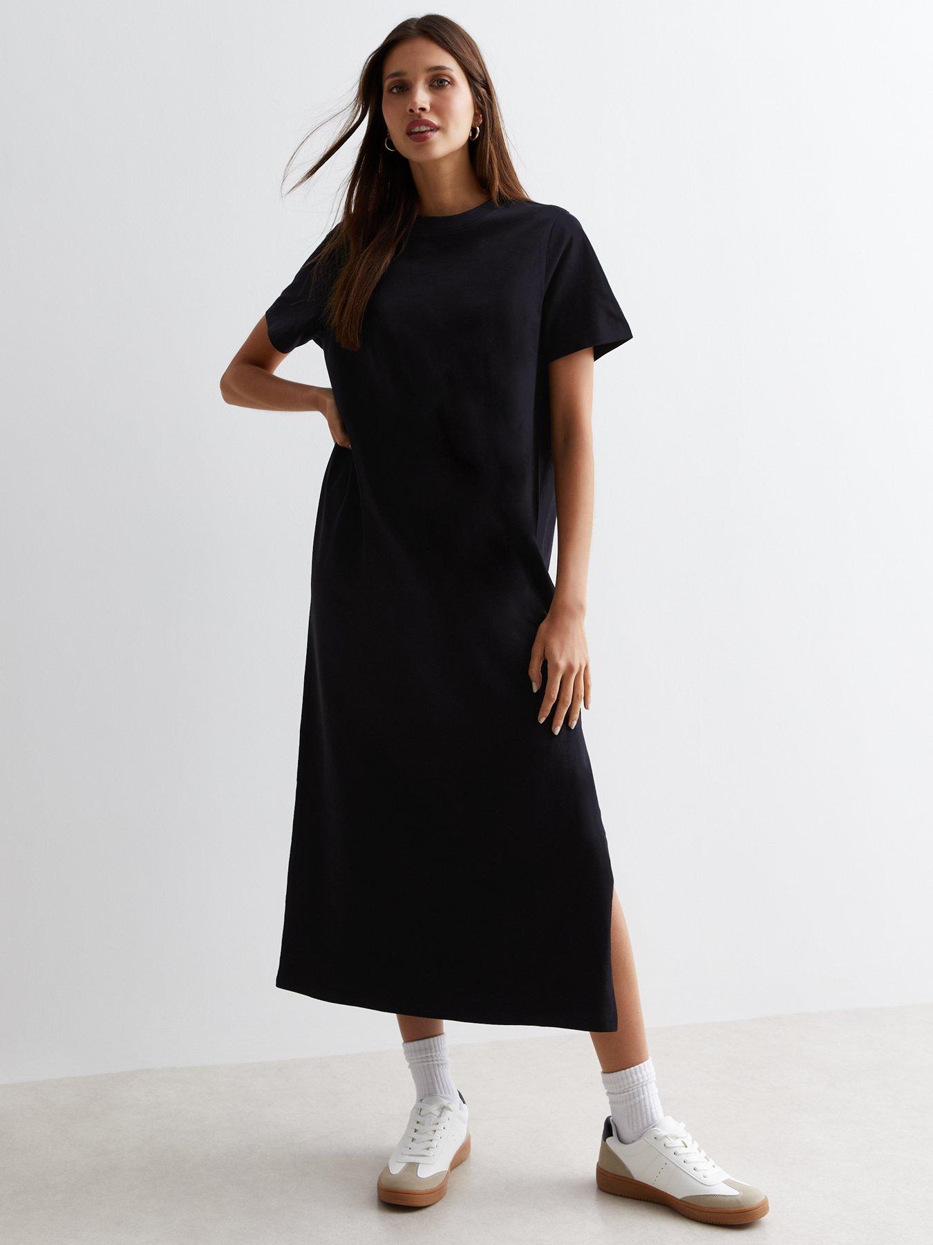 new-look-black-cotton-split-hem-midi-t-shirt-dress