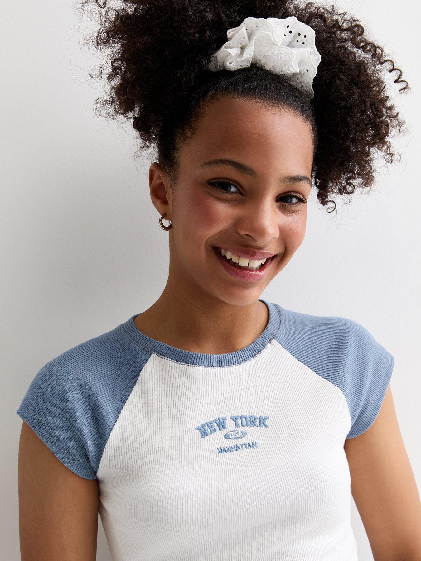 new-look-915-girls-blue-embroidered-new-york-slogan-cap-sleeve-t-shirtoutfit