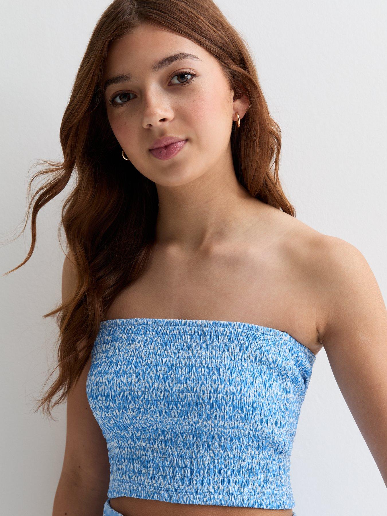 Image 4 of 4 of New Look 915 Girls Blue Abstract Print Shirred Bandeau Top