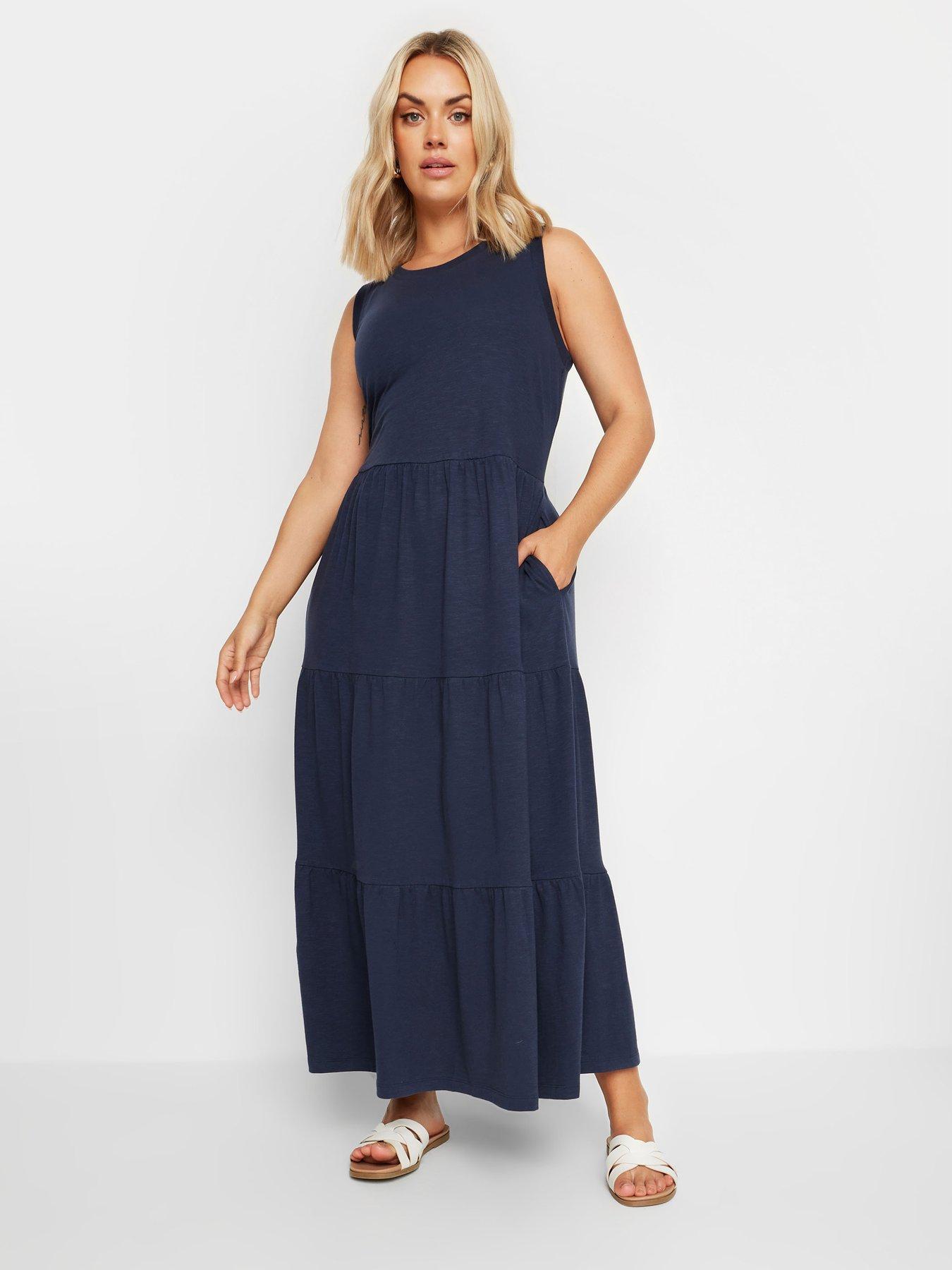 yours-curve-sleeveless-ribbed-trim-tiered-midaxi-dress-bluefront