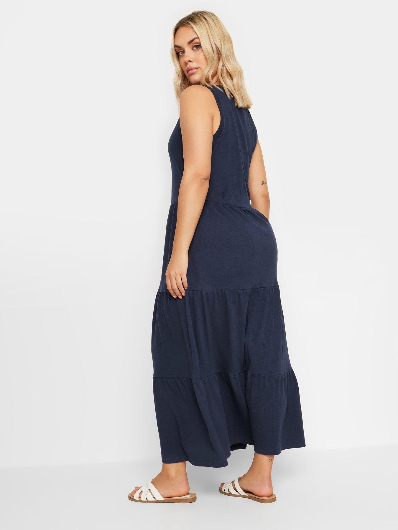 yours-curve-sleeveless-ribbed-trim-tiered-midaxi-dress-bluestillFront