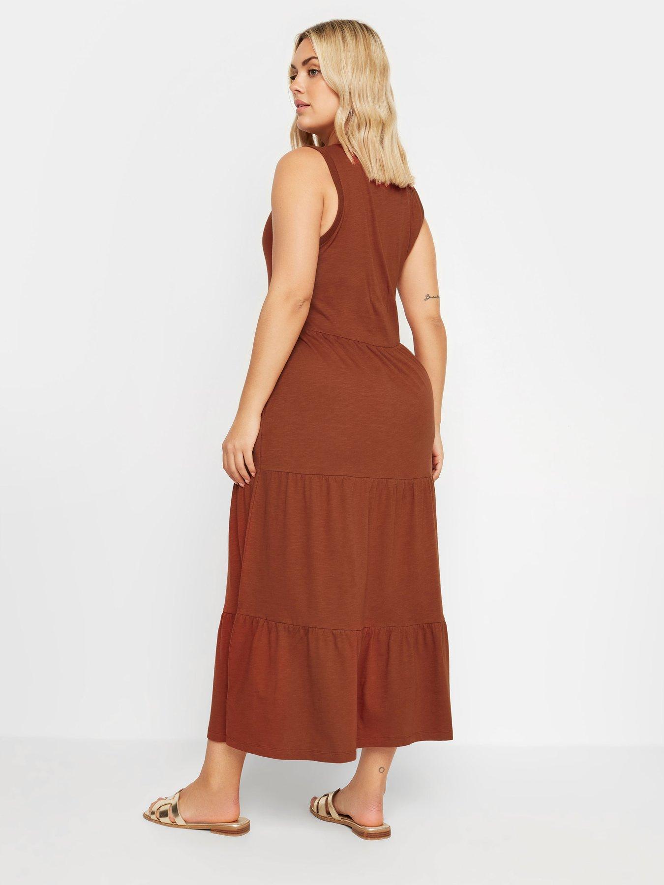 yours-curve-sleeveless-ribbed-trim-tiered-midaxi-dress-orangestillFront